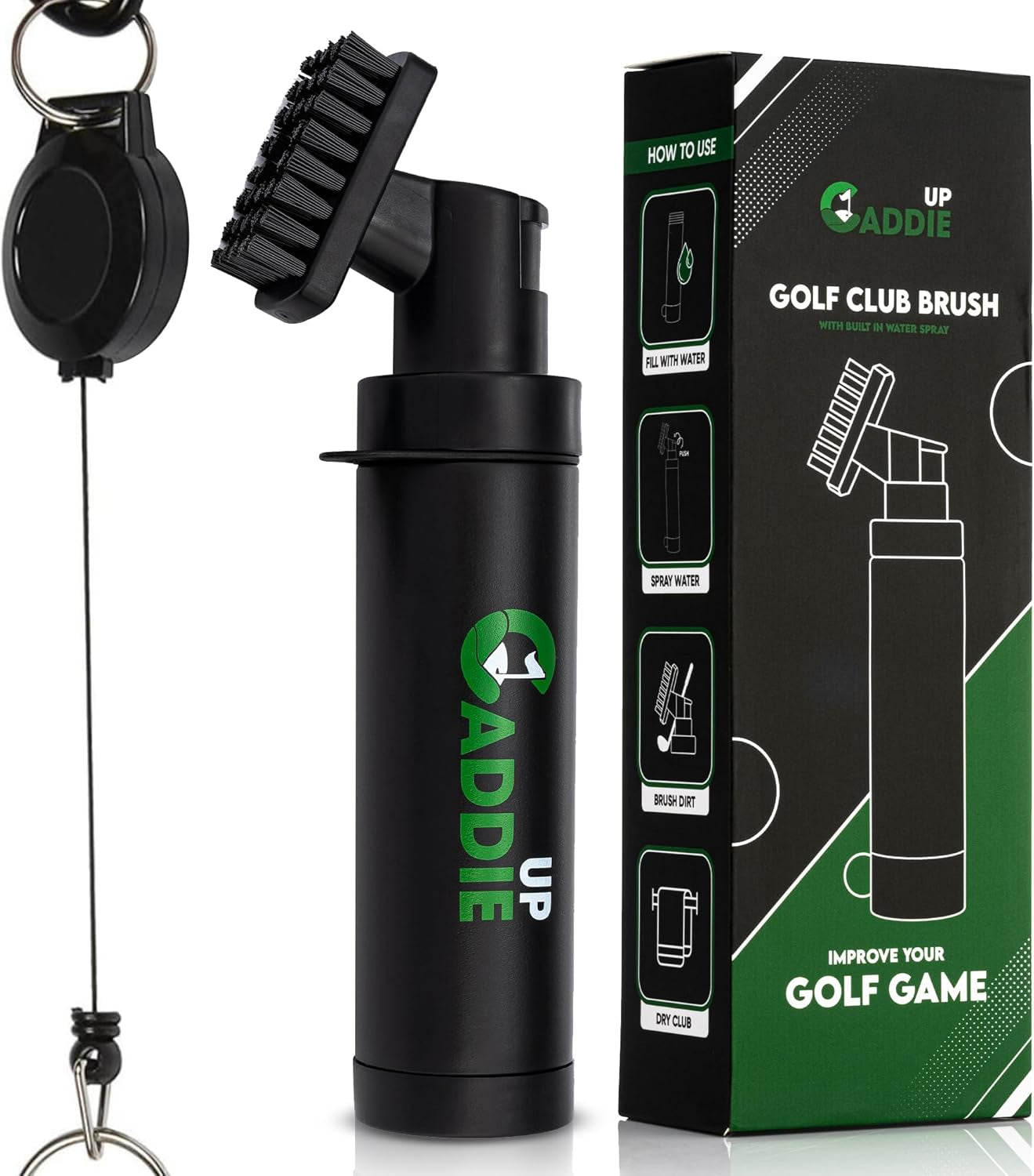 Golf Club Cleaner Brush with Retractable Cable & Water Spraying Golf Brush | All-In-One Brush Head, Mist Water Spray Holds 150Ml, 75Cm Retractable Cable, Strong Bristles, Durable Material, Golf Gifts.